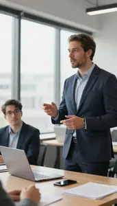 Vp Of Sales Preparing A Presentation For In A Procurement Office In Professional