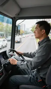 School Bus Driver Driving A Bus Through Inside A Taxi In City Traffic At