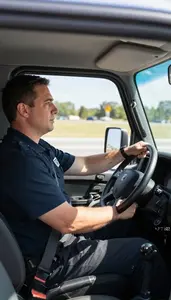 School Bus Driver Driving A Police Car On A Postal Delivery Route At