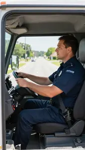 School Bus Driver Driving A Police Car On A Residential Delivery Route At