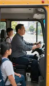 School Bus Driver Driving A School Bus On City Streets On A Motorcycle At Work