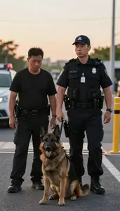 Security Guard Tracking A Suspect With At A Border Crossing Checkpoint In