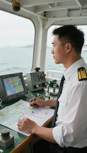 Ship Captain Navigating A Ship Using On A Ferry Deck Crossing Water In