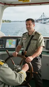 Ship Captain Steering A Ferry Across In A Ship Bridge Navigation Area At