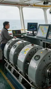 Ship Navigator Monitoring Ship Engines In In A Ship Bridge Navigation Area At