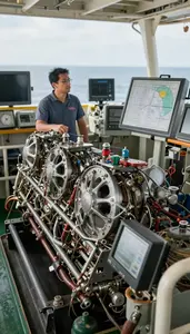 Ship Navigator Monitoring Ship Engines In In A Ship Engine Room At Professional
