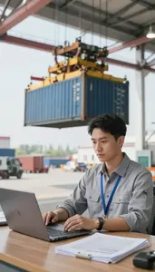 Shipping Coordinator Operating A Port Crane In A Warehouse Management Office