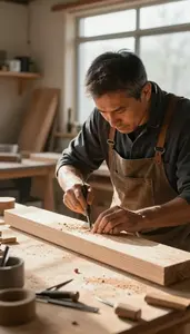 Shipwright Carving Wood With Hand In A Woodworking Carpentry Workshop At