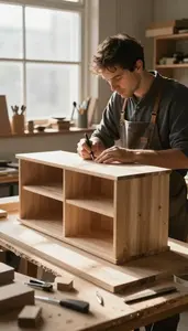 Shipwright Crafting A Custom Cabinet In A Cabinet Making Workshop At Work