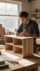 Shipwright Crafting A Custom Cabinet In A Woodworking Carpentry Workshop At