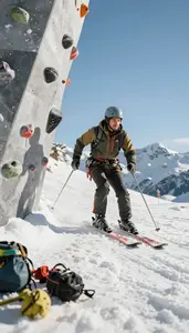 Ski Instructor Skiing Down A Snowy On An Indoor Rock Climbing Wall In