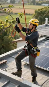 Solar Panel Installer Pruning Trees With Professional On A Residential Rooftop