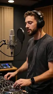 Songwriter Recording Vocals In A In A Dj Booth At A Club At Professional