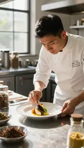Sous Chef Plating A Gourmet Dish In A Pastry Kitchen Display Area At Work Today