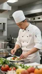 Sous Chef Preparing Dishes In A In A Restaurant Kitchen During Service At
