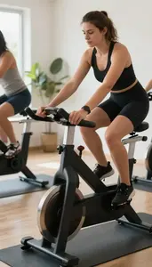 Spin Instructor Leading A Spin Class In A Yoga Studio With Mats At Work Location