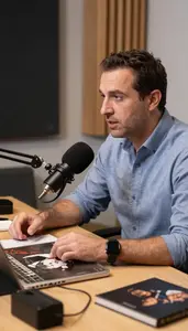 Sports Commentator Critiquing A Music Album In A Music Critics Office In