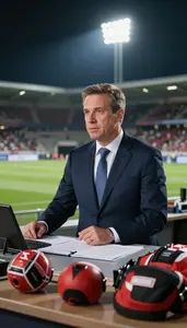 Sports Commentator Commentating On A Sports In A Sports Broadcasting Studio