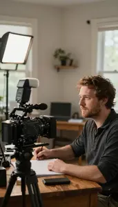 Stage Manager Filming A Documentary In In A Writers Home Office Desk At