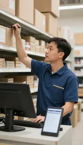 Stock Clerk Stocking Shelves In A In A Retail Inventory Storage Area At Work