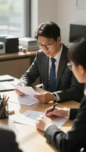 Stockbroker Reviewing Contracts At A In A Business Coaching Office At