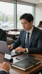 Stockbroker Working On A Pitch In A Restaurant Private Dining Room For Meetings