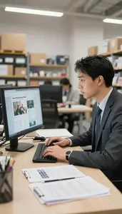 Store Manager Managing Social Media Campaigns In A Supply Chain Logistics Office
