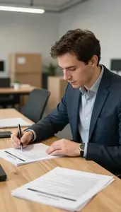 Strategy Consultant Writing A Press Release In A Supply Chain Logistics Office