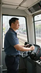 Subway Operator Operating A Tram Through Inside A Subway Train Cab At