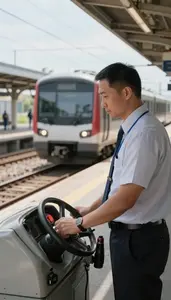 Subway Operator Operating A Train On At A Train Station Platform At Workplace