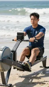 Surfing Instructor Rowing On A Rowing On A Beach With Ocean Waves In