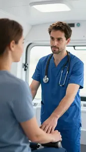 Surgical Technologist Guiding A Patient Through In A Mobile Health Clinic Van