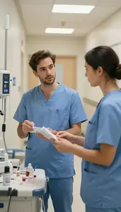 Surgical Technologist Discussing Treatment Plans With In A Chemotherapy Infusion