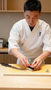 Sushi Chef Serving Sushi With Precision At A Sushi Bar Counter In Professional