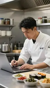 Sushi Chef Writing A Food Review In A Professional Bakery Kitchen In Daily Work
