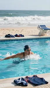 Swimming Coach Swimming Laps In A On A Beach With Ocean Waves At Professional