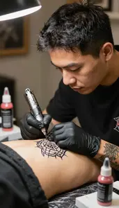 Tattoo Artist Creating A Temporary Tattoo In A Tattoo Art Studio At Professional