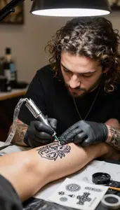 Tattoo Artist Creating A Temporary Tattoo In A Tattoo Art Studio At Work