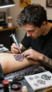 Tattoo Artist Creating A Temporary Tattoo In A Tattoo Art Studio At Work Today