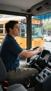 Taxi Driver Driving A Bus Through At A School Bus Stop In Professional Setting