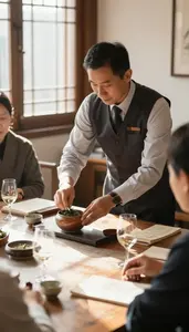 Tea Sommelier Serving Traditional Tea To In A Traditional Tea Ceremony Room