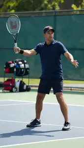 Tennis Coach Playing Tennis On A On A Tennis Court In Professional Atmosphere