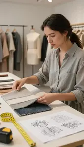 Textile Designer Selecting Fabric Swatches For In A Fashion Showroom In Daily