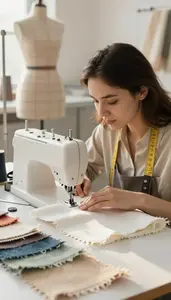 Textile Designer Sewing Fabric On A In A Fashion Design Classroom In