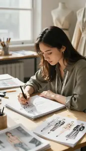 Textile Designer Sketching Fashion Designs In In A Fashion Design Classroom