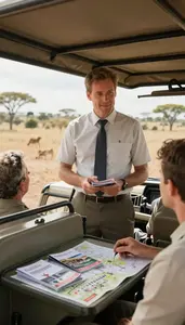 Tour Operator Welcoming Cruise Passengers On In A Safari Vehicle On A Game Drive
