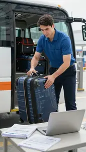 Trade Specialist Loading Luggage Onto A In A Shipping Coordination Office At