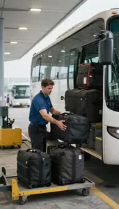 Trade Specialist Loading Luggage Onto A At A Bus Terminal Luggage Area At