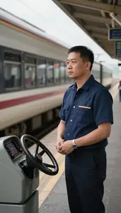 Train Conductor Conducting A Train Departure At A Train Station Platform In