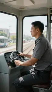 Train Conductor Operating A Light Rail Inside A Tram Cab In A City In